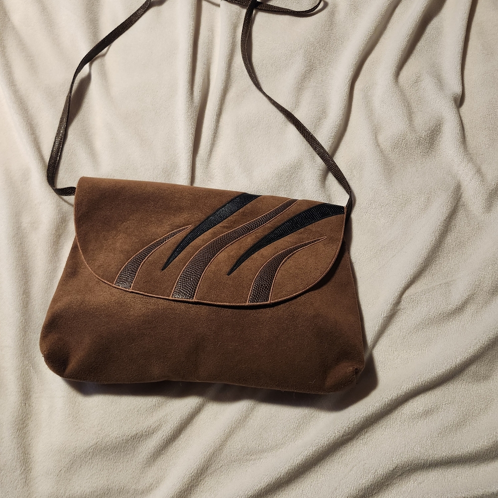 Brown Suede Crossbody Bag with Curved Accent Panels